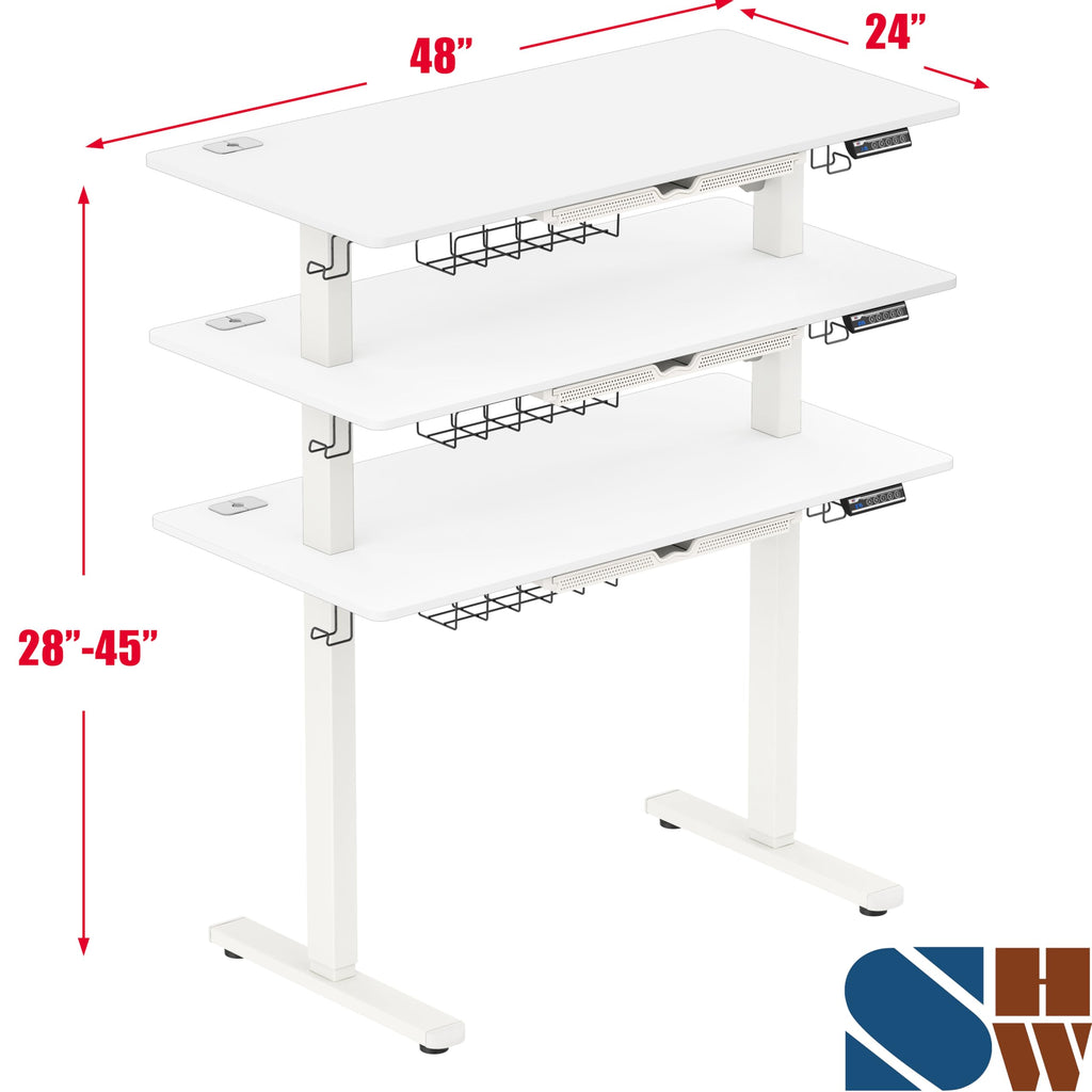SHW 55 x 28 Electric Height Adjustable Standing Desk w/Drawer, White