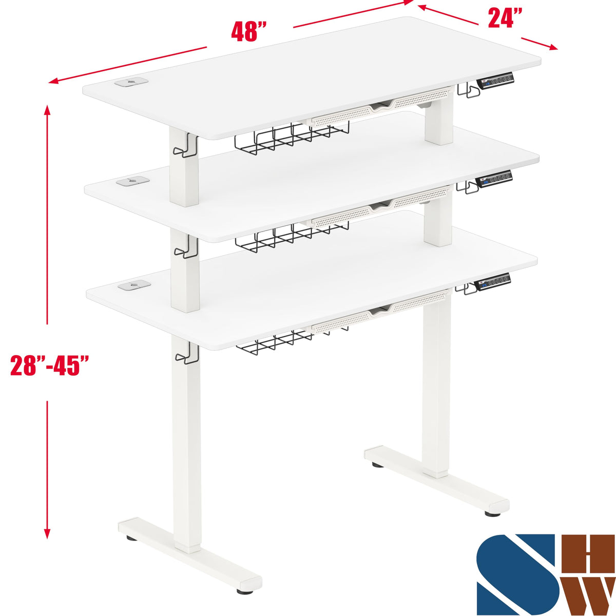 SHW 55 x 28 Electric Height Adjustable Standing Desk w/Drawer, White