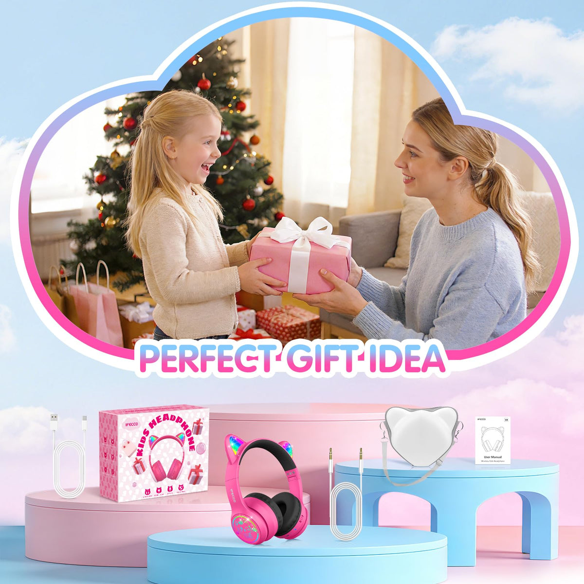 IFECCO Kids Bluetooth Headphones with Case,Cute LED Light Up Cat Ears