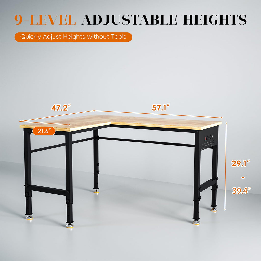 Betterhood 48" Heavy-Duty Adjustable Workbench for Garage, Rubber Wood Shop Table W/Metal Wheels, Hardwood Workstation Weight Capacity Over 2000 Lbs with Wheels