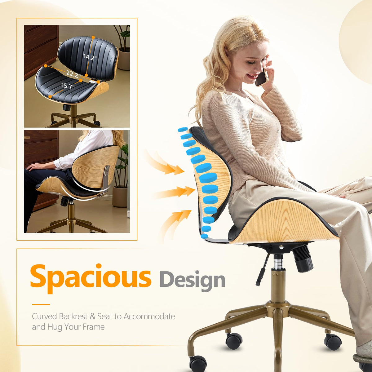 VINGLI Wide Comfotable Swivel Home Office Chair with Wood-Grain Curved Shell,Ergomomic Mid-Back Padded Armless Modern Desk Chair with Wheels,Height Adjustable for Computer,Task,Work,Microfiber,Rustic