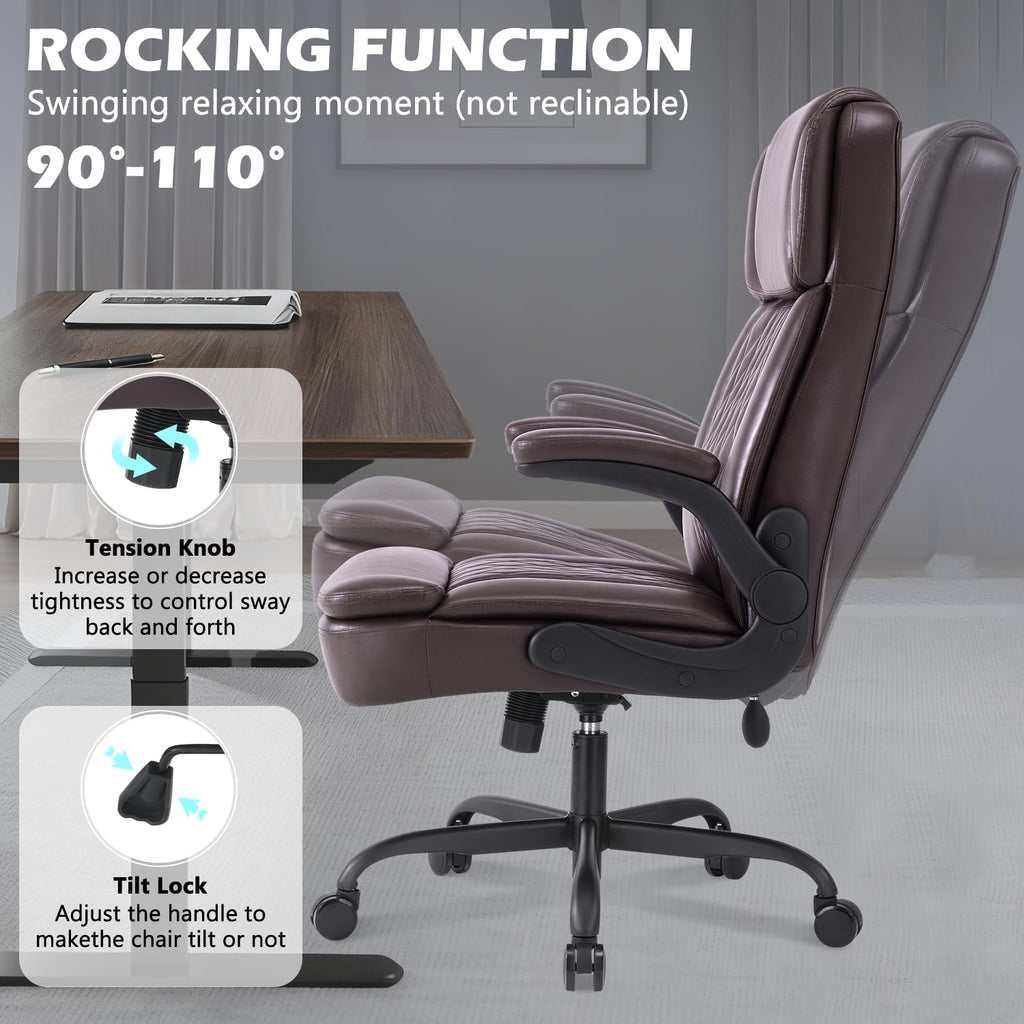 450LBS Big and Tall Executive Office Chair with Flip up Arm, Heavy Duty PU Leather Computer Desk Chair,Comfortable High Back Swivel Home Office Chair with Rolling for Adults,Spring Cushion,Metal Base