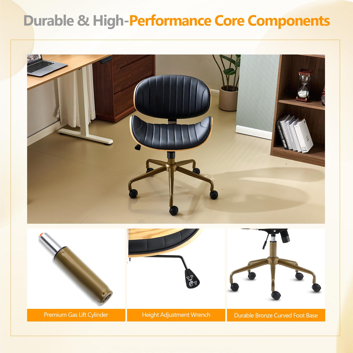 VINGLI Wide Comfotable Swivel Home Office Chair with Wood-Grain Curved Shell,Ergomomic Mid-Back Padded Armless Modern Desk Chair with Wheels,Height Adjustable for Computer,Task,Work,Microfiber,Rustic