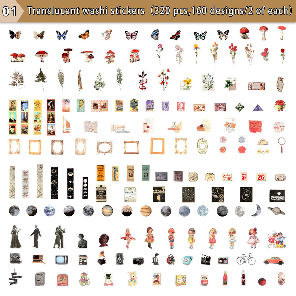 Draupnir 200pcs Vintage Junk Journal Supplies,Scrapbook Supplies Scrapbooking Paper and Stickers Ephemera For Art Aesthetic Journaling Kit Collage(Art)
