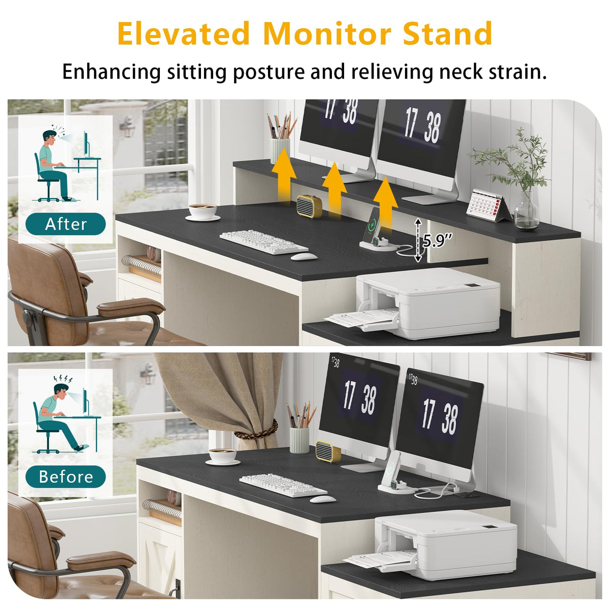 65" Farmhouse Computer Desk with Drawers and Printer Stand for Home Office