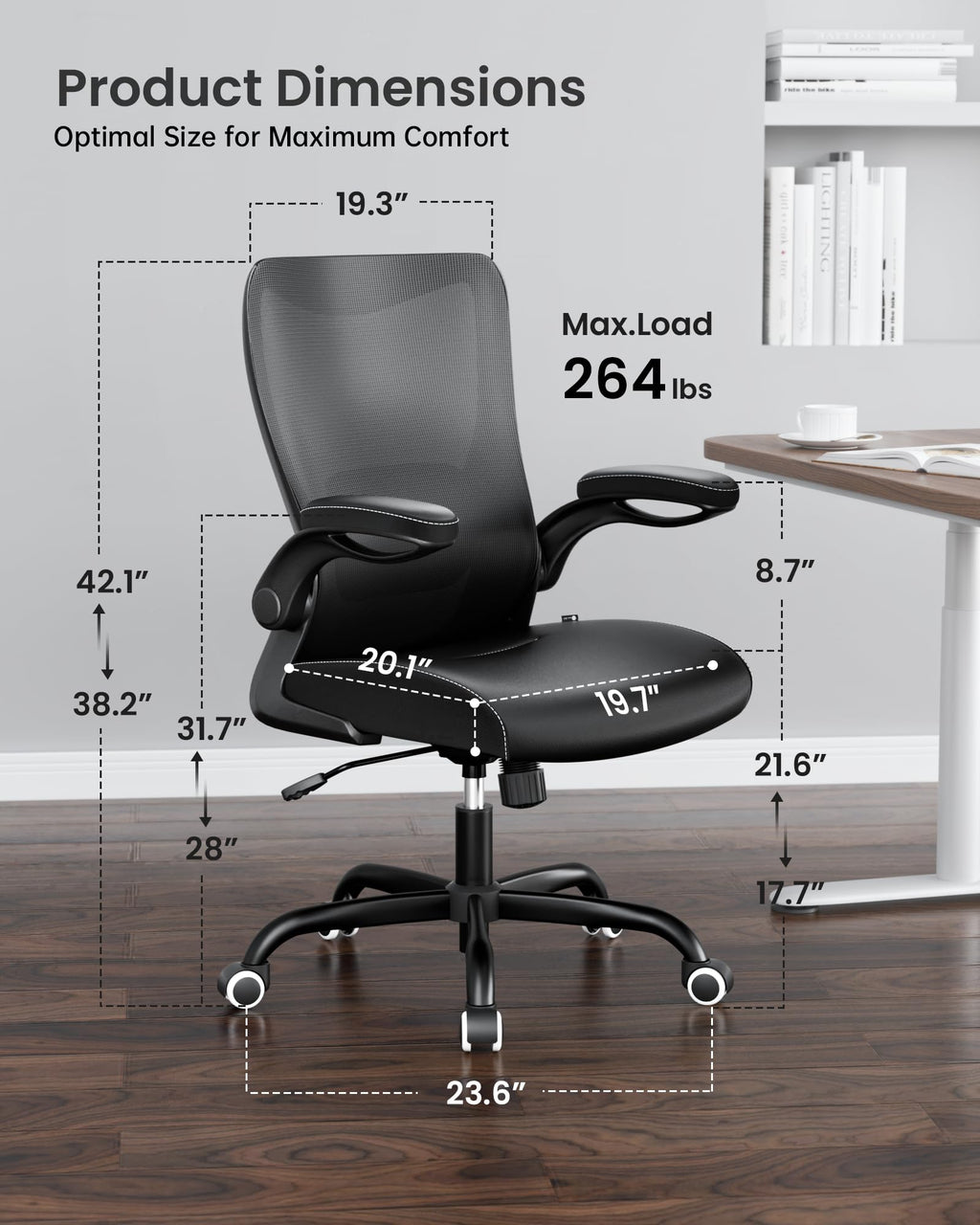 MUXX.STIL Office Chair, Ergonomic Desk Chair with Adjustable Lumbar Support and Flip up Armrest, Breathable Mesh Computer Chair for Home Office, Khaki