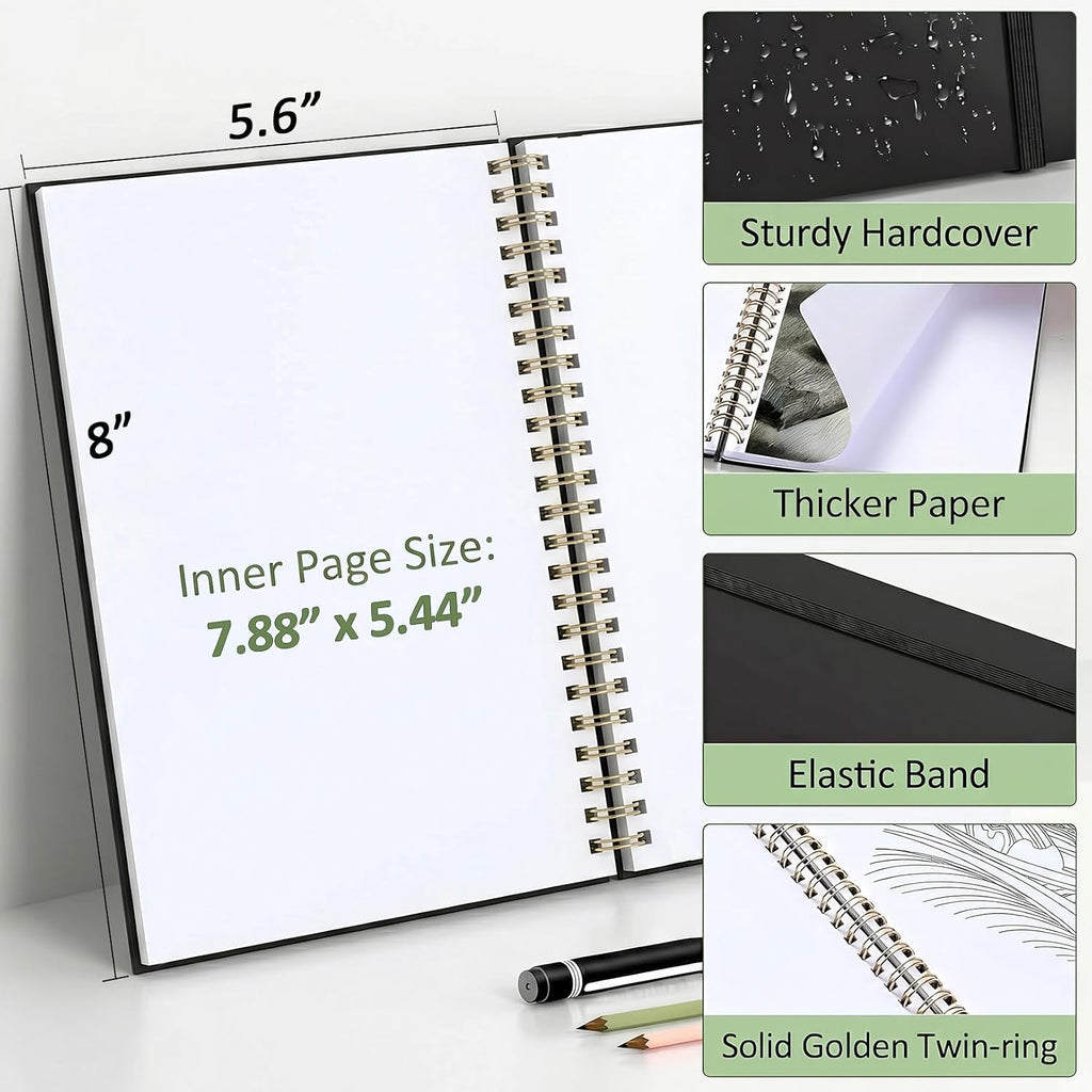 Forvencer Blank Spiral Sketchbook, 8" x 5.6" Hardcover, 100 GSM – 2 Pack