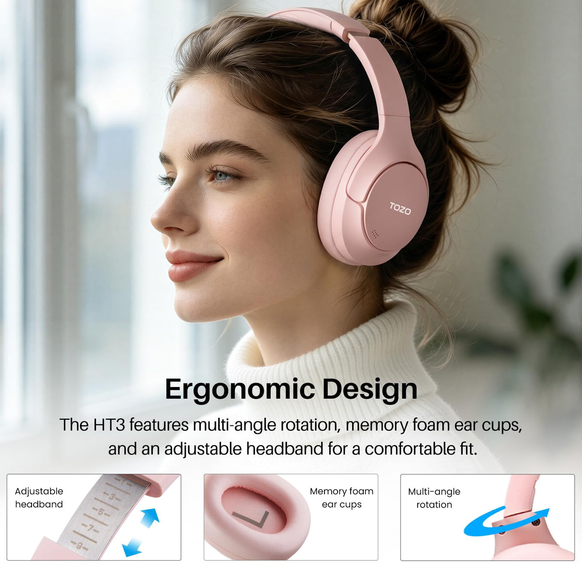 TOZO HT3 Hybrid Noise Cancelling Wireless Headphones, 90H Over Ear Headset