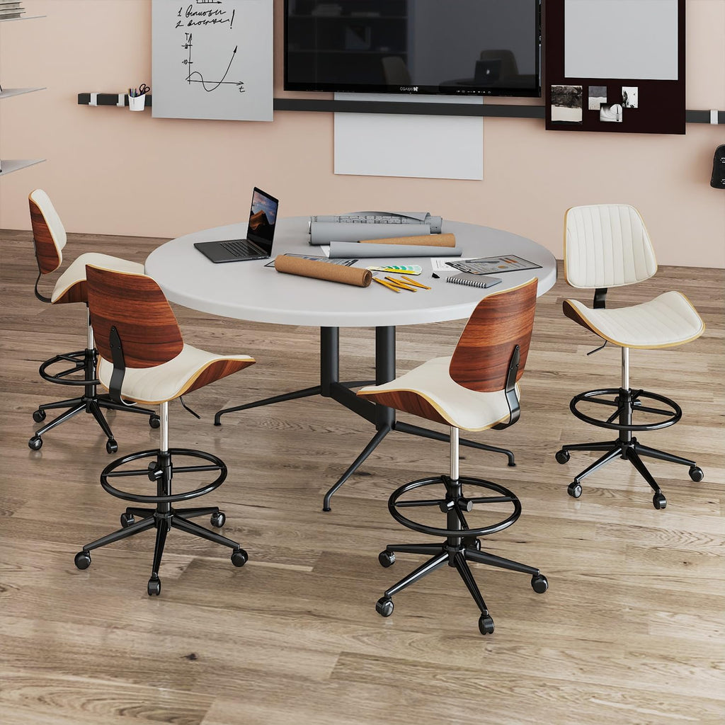 Drafting Chair, Ergonomic Office Chair with Walnut Wood Back Support, Armless PU Leather Desk Chair with Height-Adjustable, Thick Cushion for Home Office, Drafting, Art Studio (Beige)