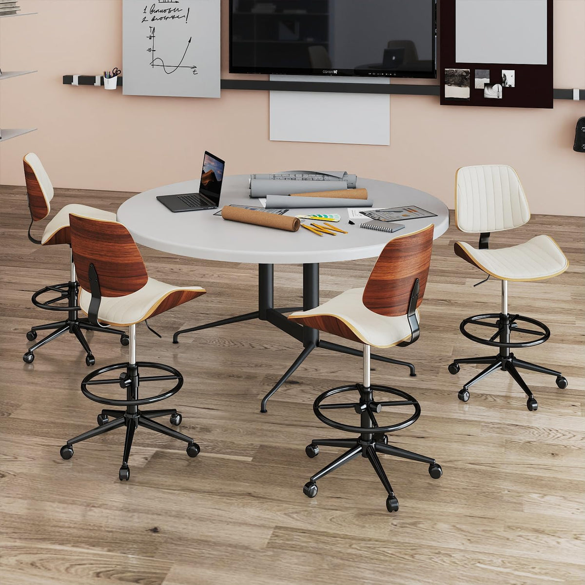 Drafting Chair, Ergonomic Office Chair with Walnut Wood Back Support, Armless PU Leather Desk Chair with Height-Adjustable, Thick Cushion for Home Office, Drafting, Art Studio (Beige)