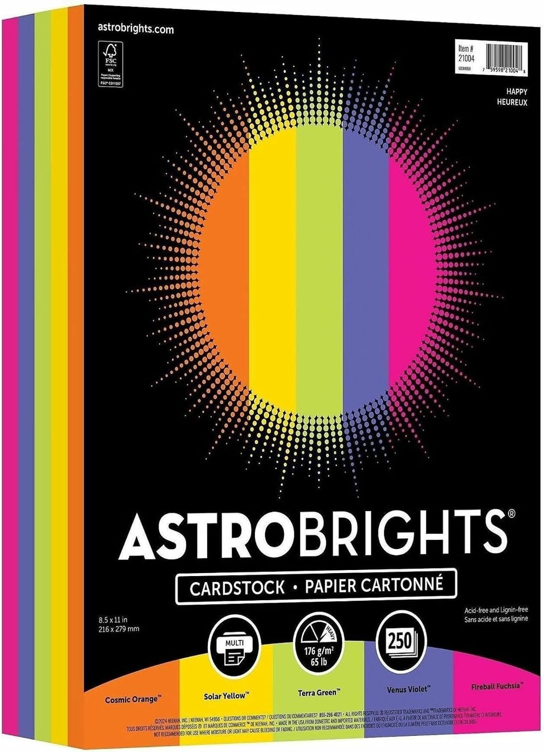Astrobrights® Color Card Stock, Happy Assortment, Letter (8.5" x 11"), 65 Lb, Pack Of 250