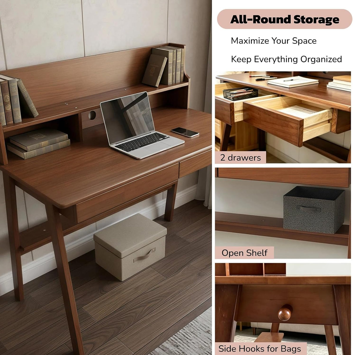 Roockky 39.4-Inch Solid Wood Student Desk with Drawers