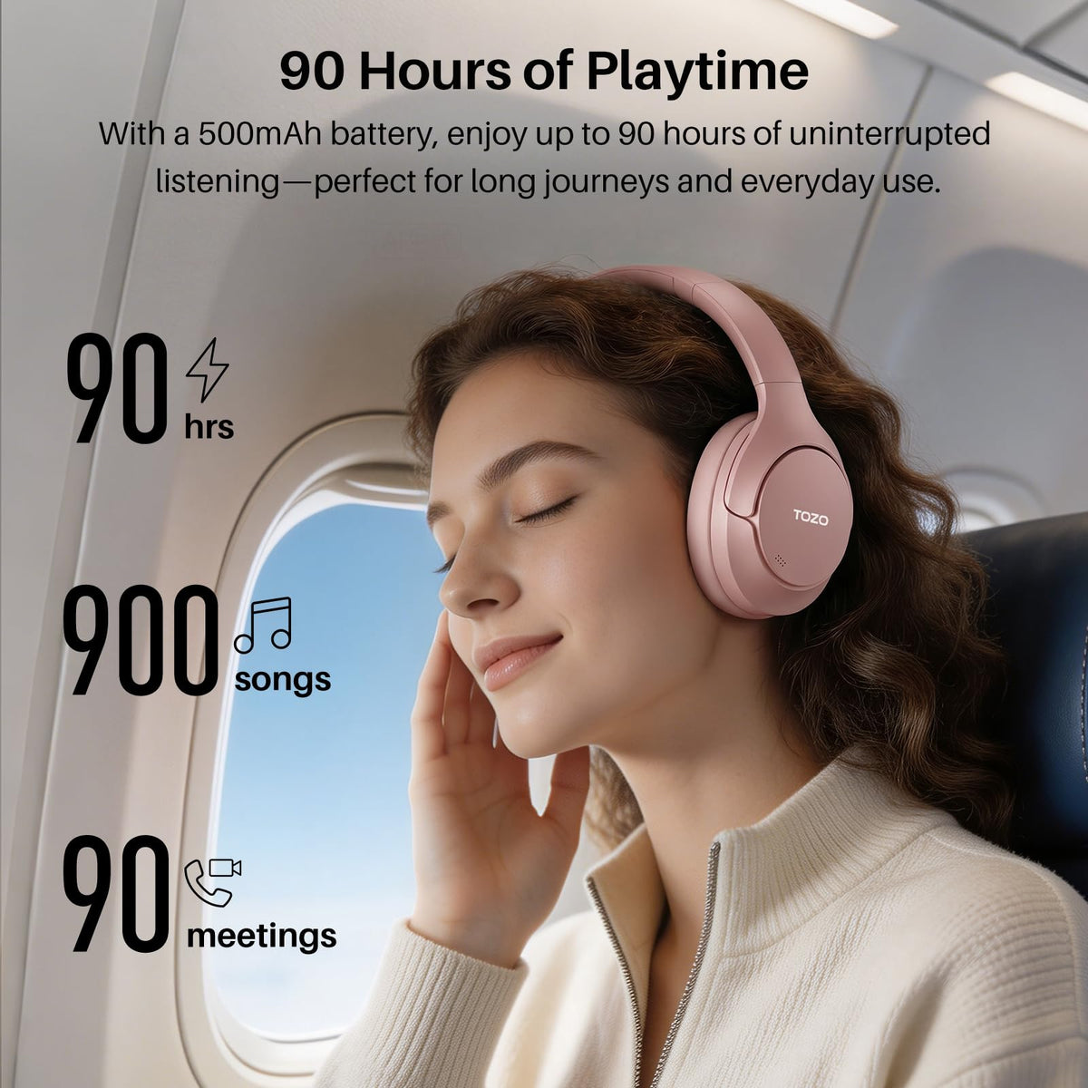 TOZO HT3 Hybrid Noise Cancelling Wireless Headphones, 90H Over Ear Headset