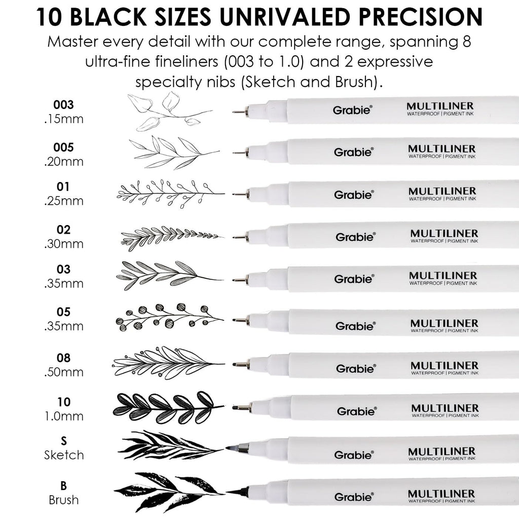 Grabie Micro Fineliner Pens, 10 Multicolor Waterproof Drawing Pens