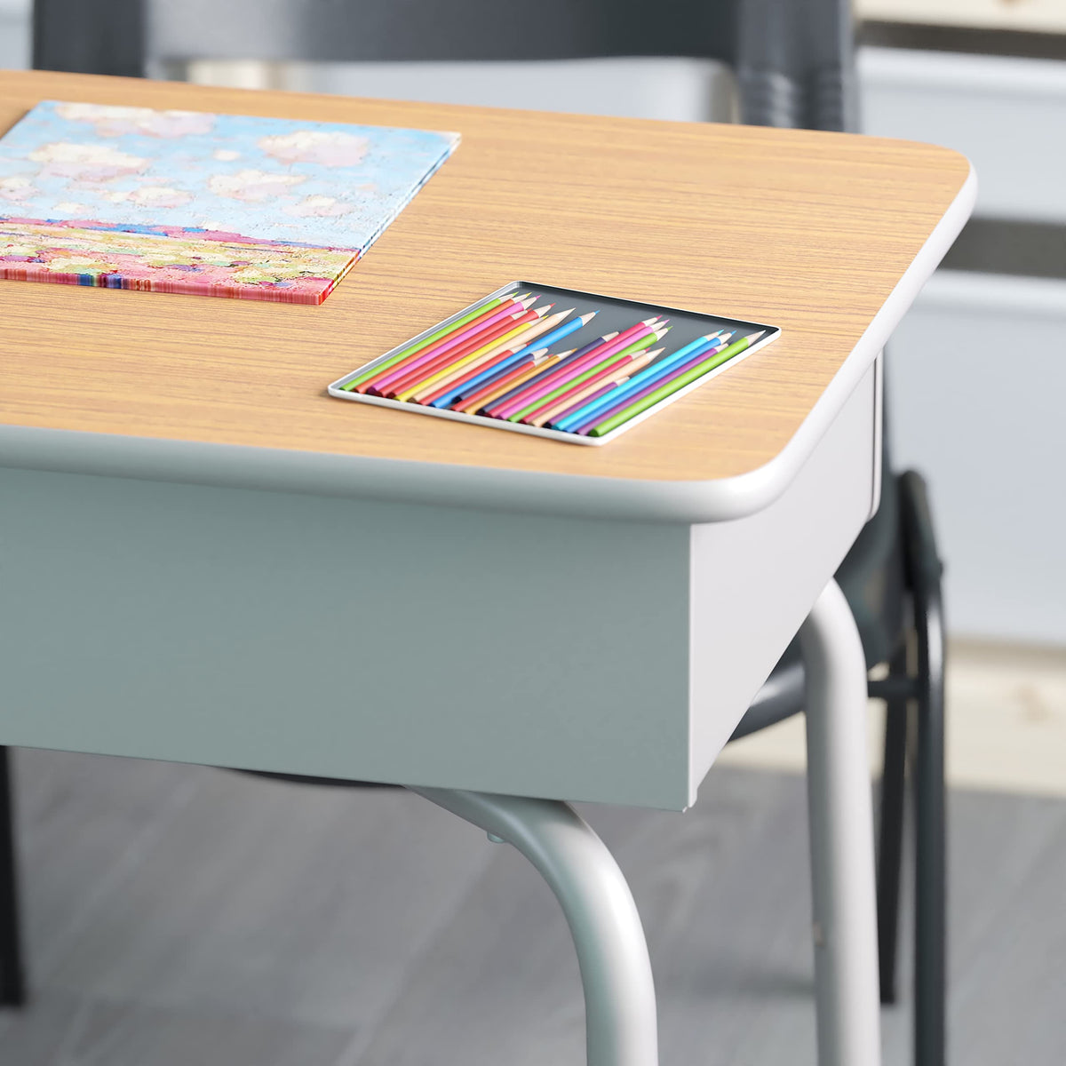EMMA + OLIVER Adjustable Student Desk with Book Box