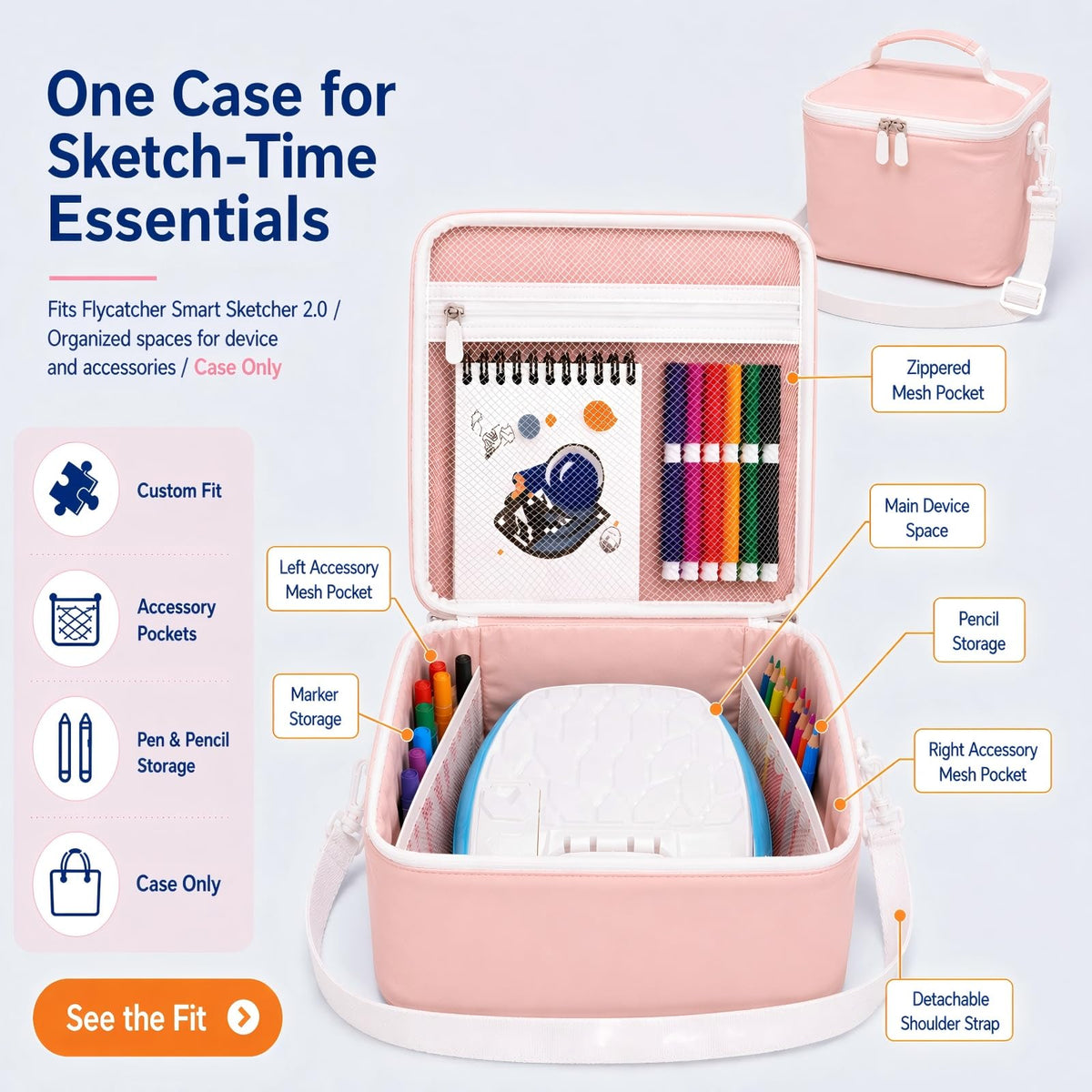 Drawing Projector for Kids Case, Compatible with Flycatcher Smart Sketcher 2.0, High-Density EPE Foam, Microfiber PU with Dry-Coated Finish, Pen & Accessory Pockets (Blue, Case Only)