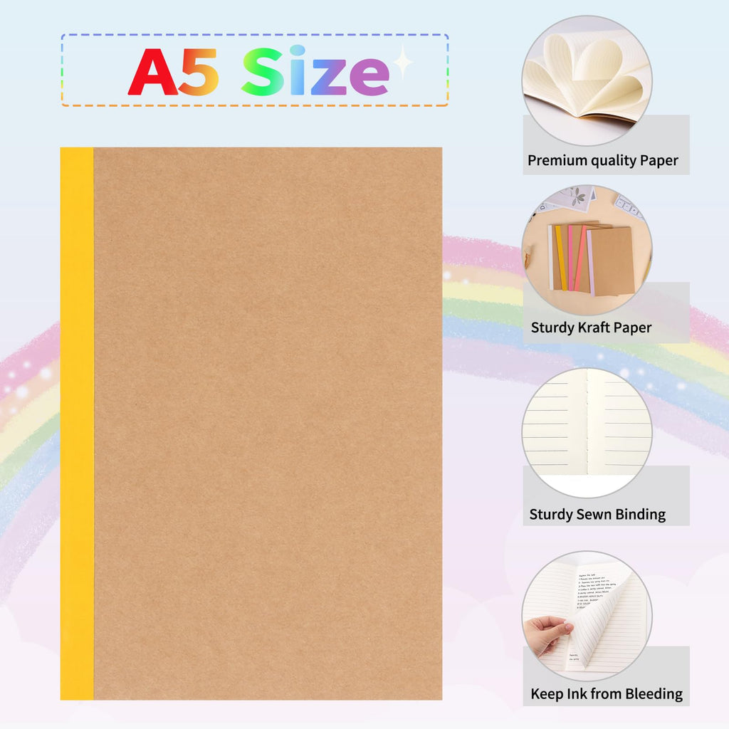 EOOUT 5 Pack A5 Composition Notebook, Kraft Lined Journal Bulk with Rainbow Spine, 5 Colors, 60 Pages for Women Girls Kids, School Office Supplies