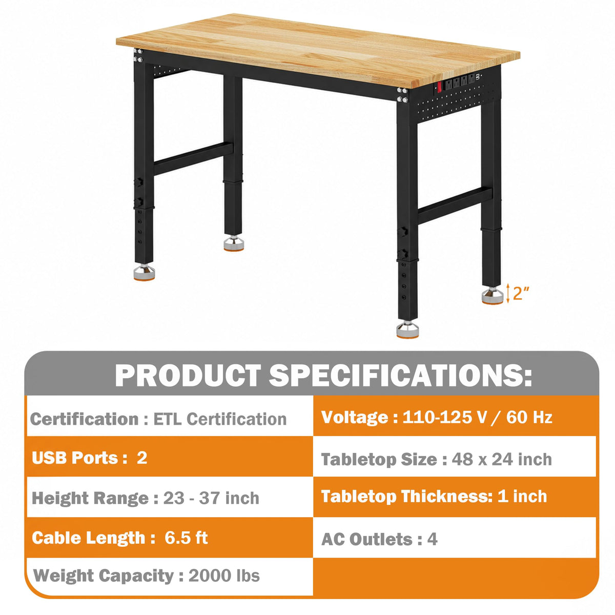 Betterhood 48" Heavy-Duty Adjustable Workbench for Garage, Rubber Wood Shop Table W/Metal Wheels, Hardwood Workstation Weight Capacity Over 2000 Lbs with Wheels