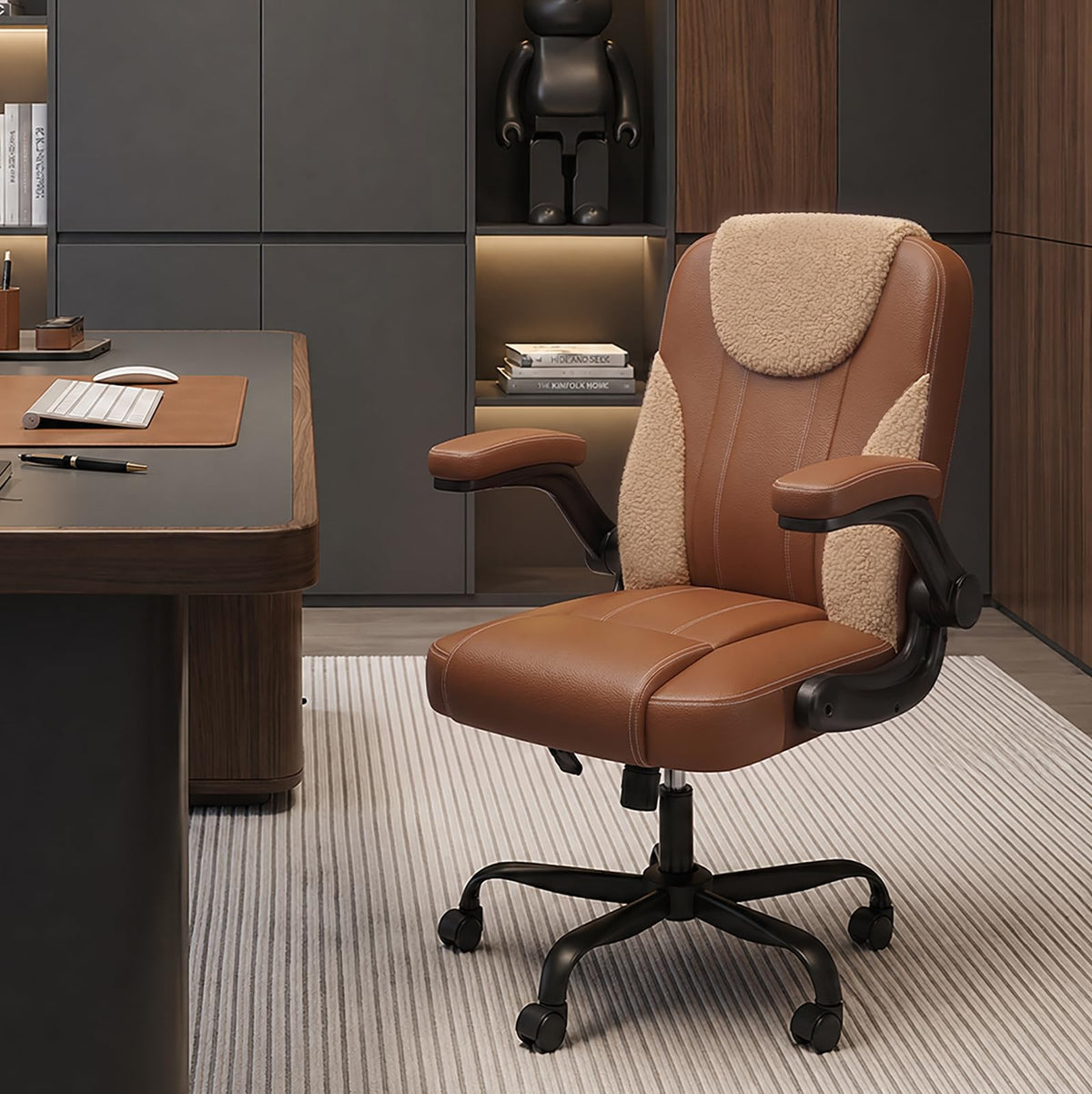 PU Leather Mid-Back Office Chair, Flip-Up Arms, 3.5" Dual-Layer Cushion