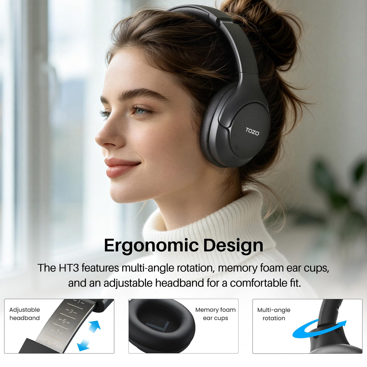 TOZO HT3 Hybrid Noise Cancelling Wireless Headphones, 90H Over Ear Headset