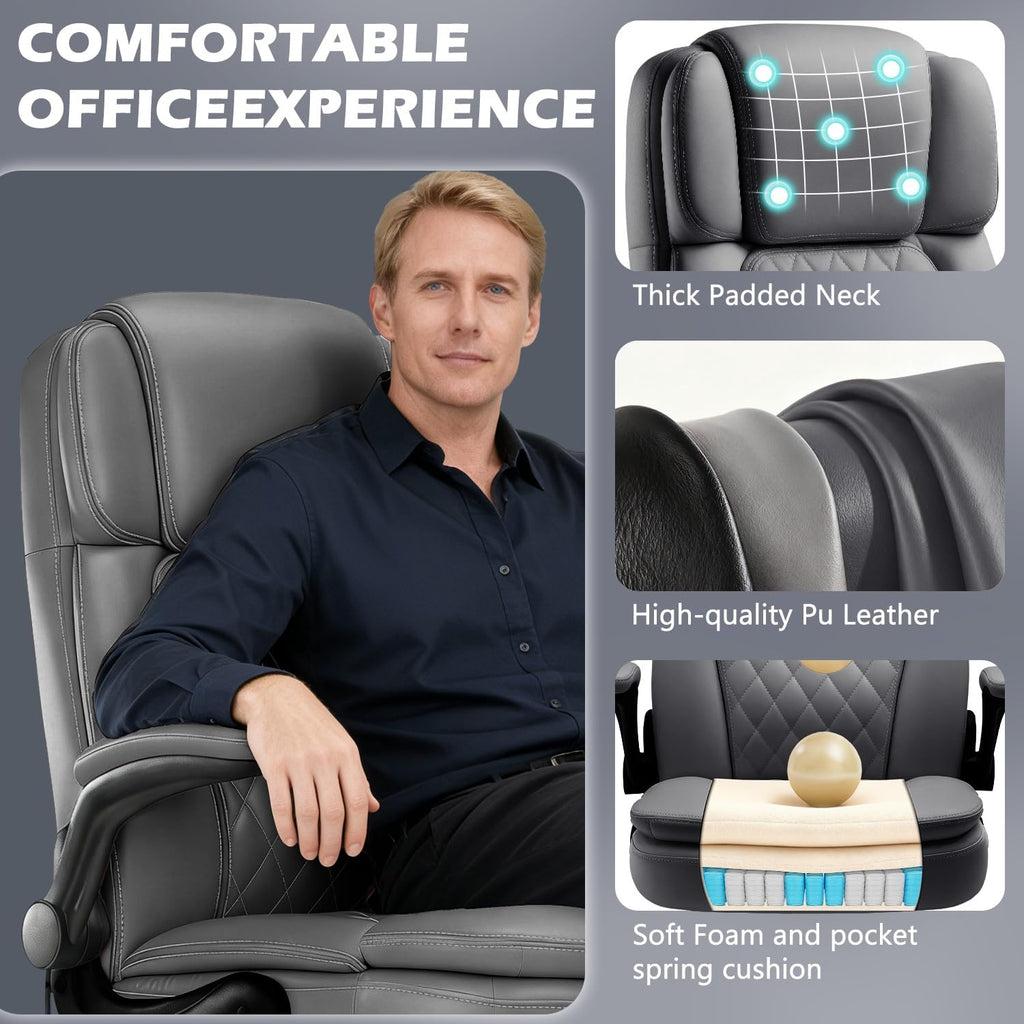 450LBS Big and Tall Executive Office Chair with Flip up Arm, Heavy Duty PU Leather Computer Desk Chair,Comfortable High Back Swivel Home Office Chair with Rolling for Adults,Spring Cushion,Metal Base