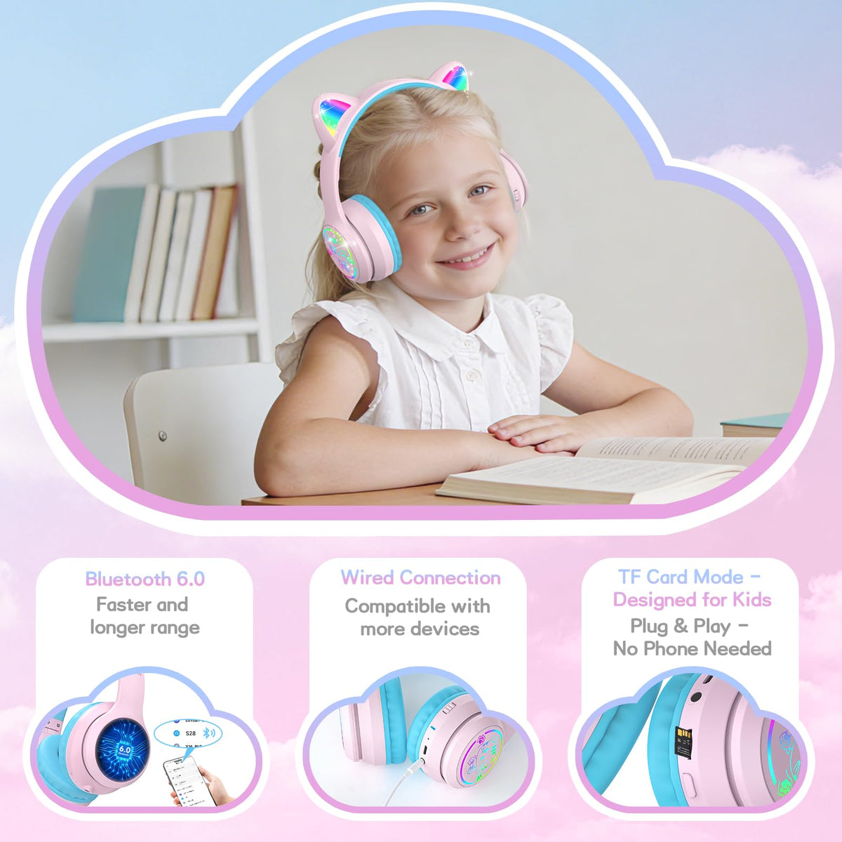 IFECCO Kids Bluetooth Headphones with Case,Cute LED Light Up Cat Ears