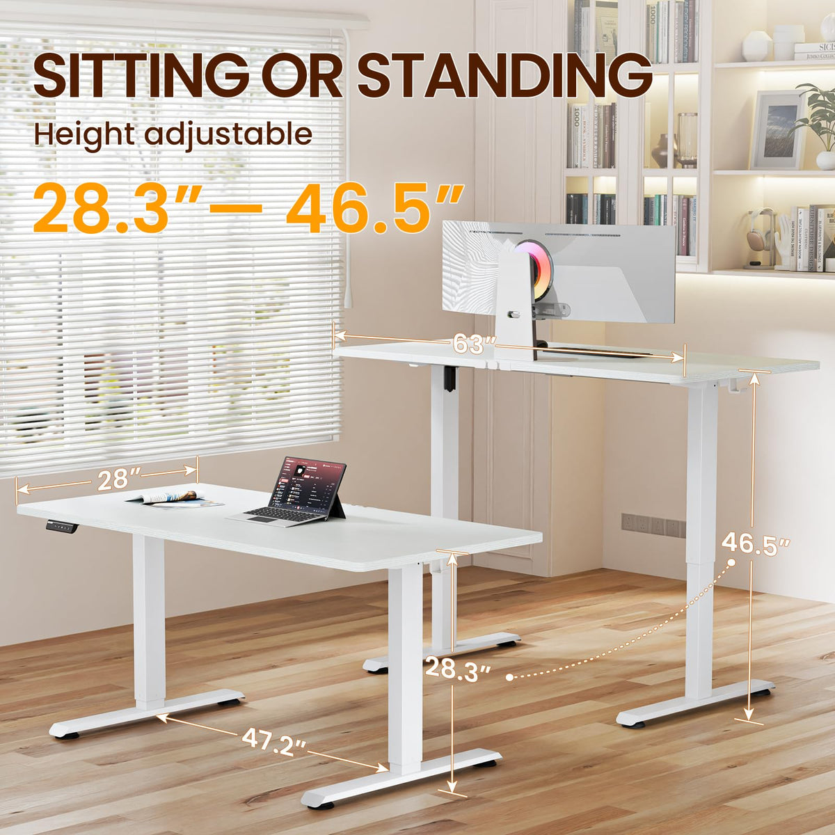 Veken 63"x28" Wider Large Standing Desk, Electric Height Adjustable, Brown