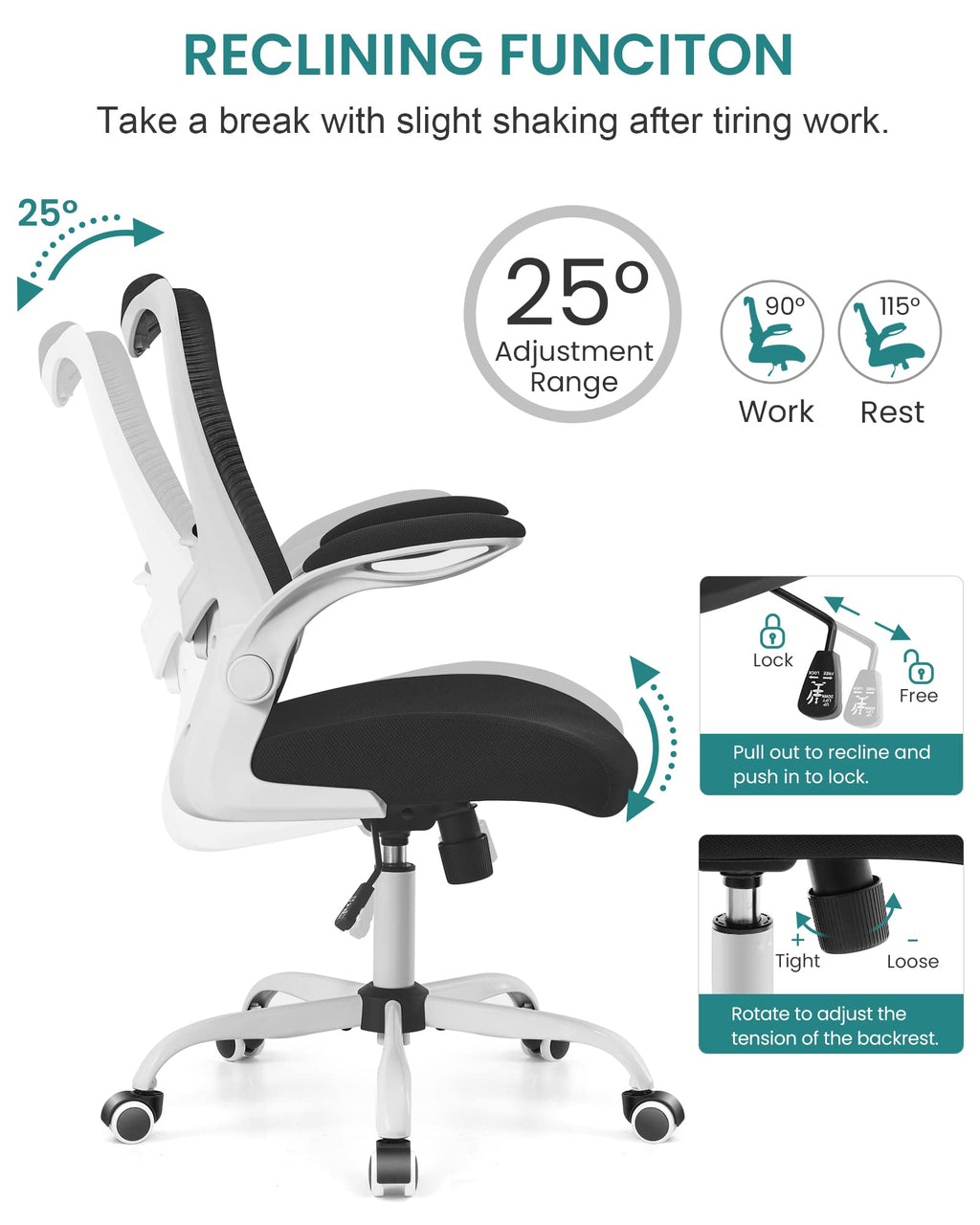 MUXX.STIL Office Chair, Ergonomic Desk Chair with Adjustable Lumbar Support and Flip up Armrest, Breathable Mesh Computer Chair for Home Office, Khaki