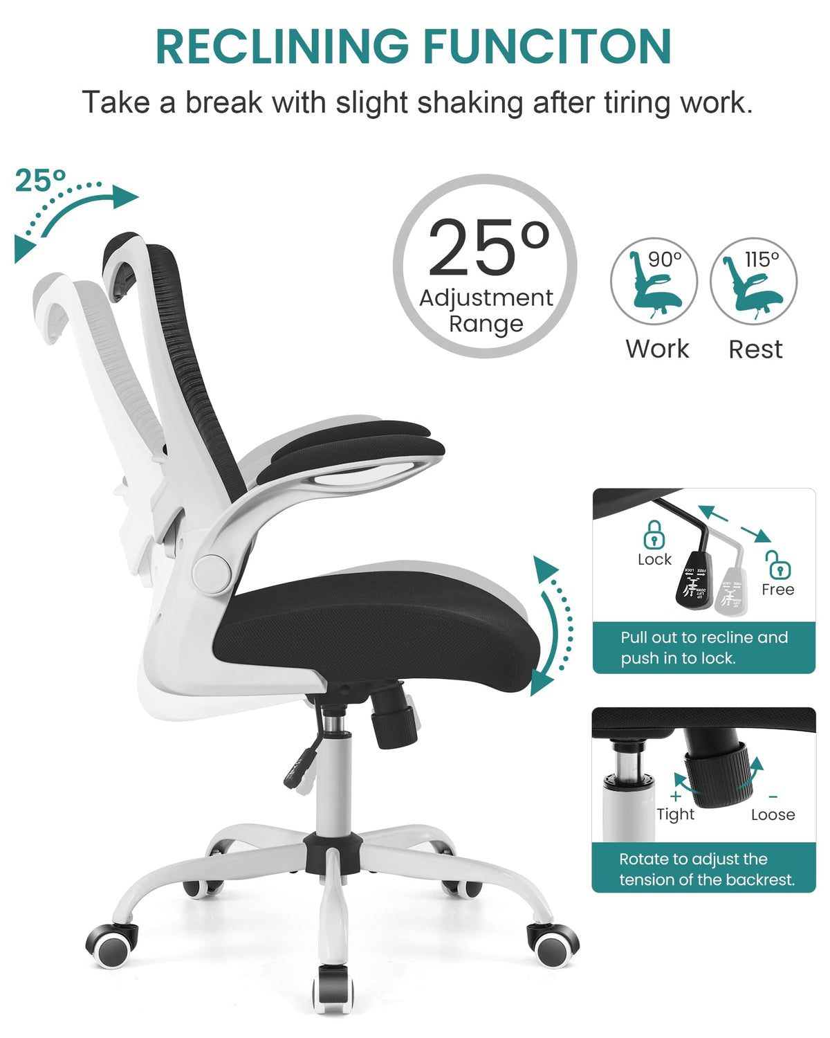 MUXX.STIL Office Chair, Ergonomic Desk Chair with Adjustable Lumbar Support and Flip up Armrest, Breathable Mesh Computer Chair for Home Office, Khaki