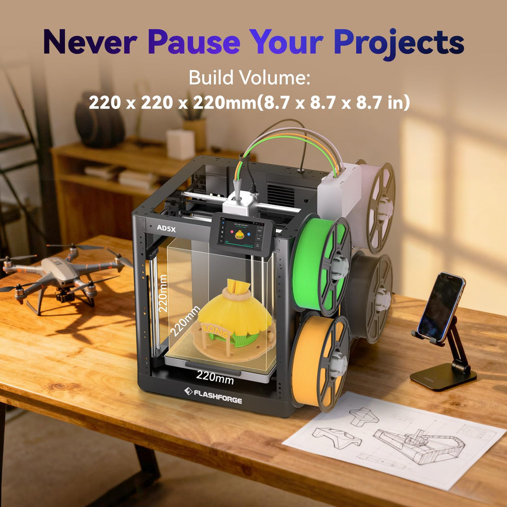 FLASHFORGE Adventurer 5M 3D Printer, 600mm/s High-Speed, 1 Click Fully Auto Leveling, Upgraded Direct extruder Quick Detachable 280°C Nozzle, Dual-Sided PEI Coating Plate, Print Size 220x220x220mm