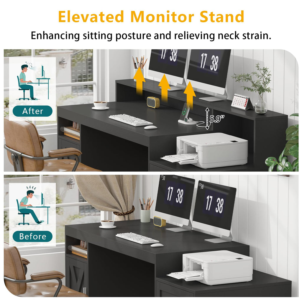 65" Farmhouse Computer Desk with Drawers and Printer Stand for Home Office