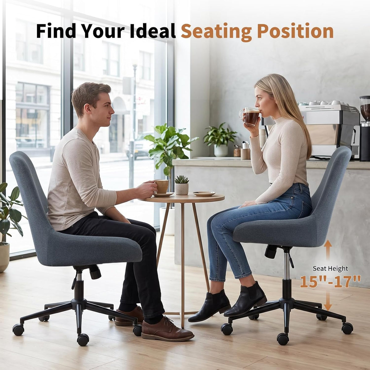 Home Armless Office Desk Chair, Linen Small Computer Chair with Adjustable Height, Removable Cushion, Comfy Rolling 360° Swivel Vanity Task Chair, Blue