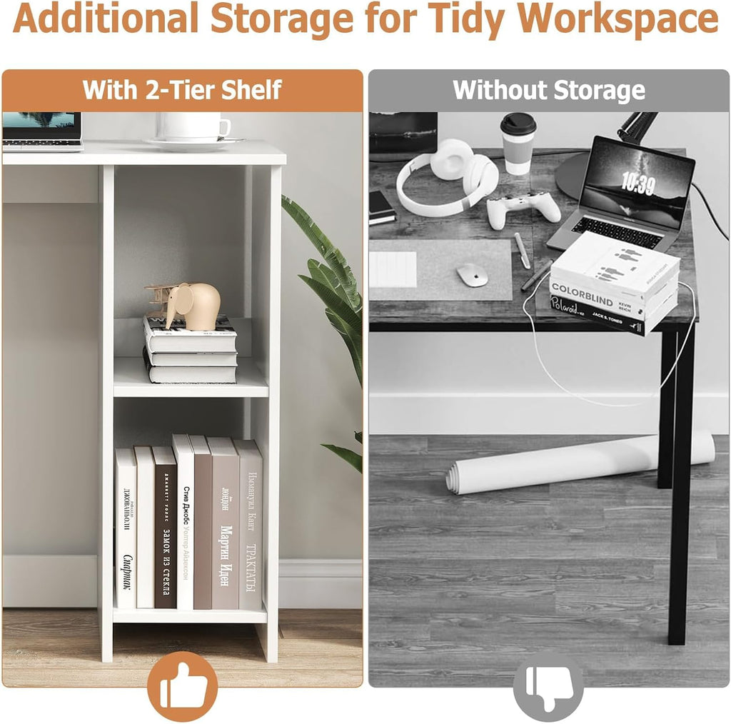 LDAILY Small Desk with 2-Tier Shelves, Compact Computer Writing Desk(White)