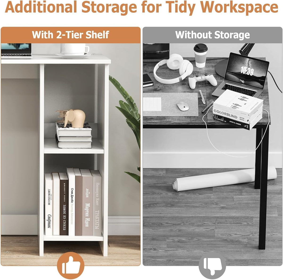 LDAILY Small Desk with 2-Tier Shelves, Compact Computer Writing Desk(White)