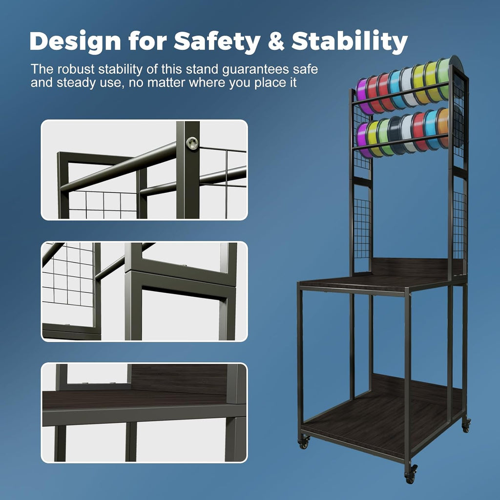 3D Printer Stand with Double Layer 3D Printer Filament Storage Rack, TR22 Heavy Duty Mobile Printer Table with Wheels for Studio Office Storage and Organization