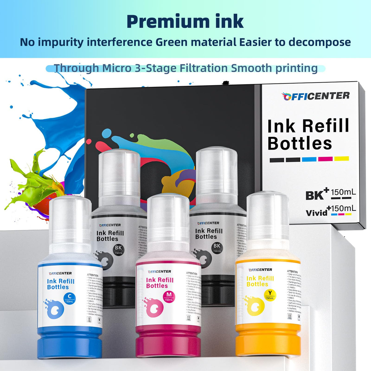 OFFICENTER Compatible Ink Refill Bottles for ET2760 ET-4760 ET2750 ET-3760 ET-2850 ET-15000 ST-4000 ST-2000 ET-3710 ET-3850 ET-3750 ET-4850 ET-3830 ET4750 ET2700 ST3000 ET3700 Printer(2BK C M Y)