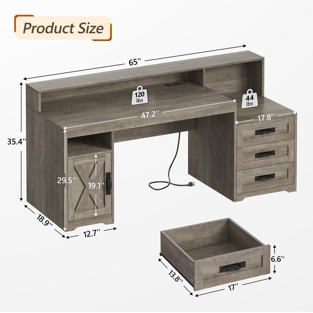65" Farmhouse Computer Desk with Drawers and Printer Stand for Home Office