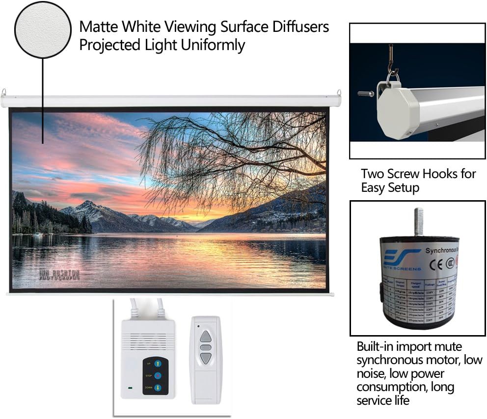 Motorized Projector Screen with Remote Control, No Wrinkles, Without Dents, HD Screen, for Home Theater Office Classroom TV Usage (92inch 16:9)