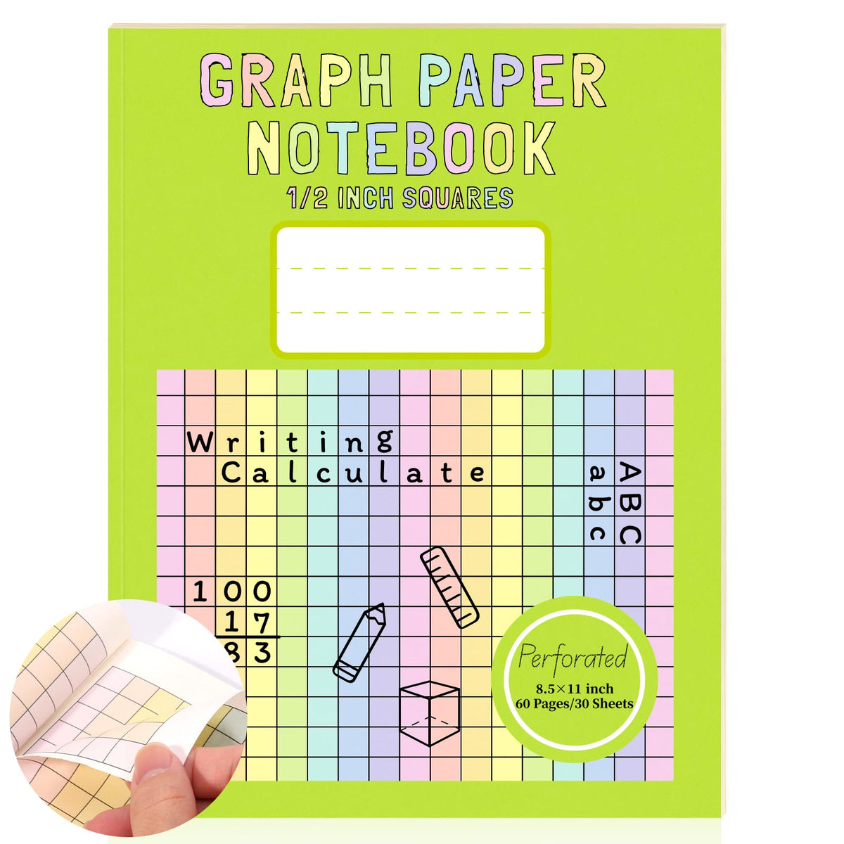 2 Pack 8.5×11 Colored Graph Paper Pad Math Notebook Graph Paper 1/2 Inch Squares Large Quad Ruled Grid Composition Book Colored Grid Notebook Exercise 30 Sheets for Kids Dyslexia Dysgraphia School