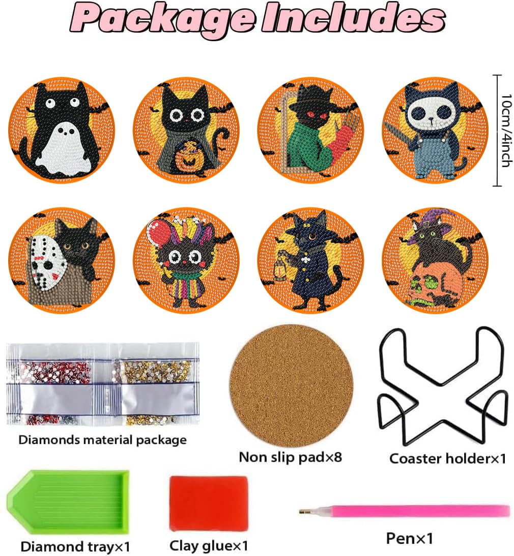 Puraikcmi 8PCs Diamond Paintings Coasters Kits Set, Funny Cat Diamond Art Coasters with Holder, DIY Crafts Diamond Art Kits Adult Craft Diamond Dots Gift