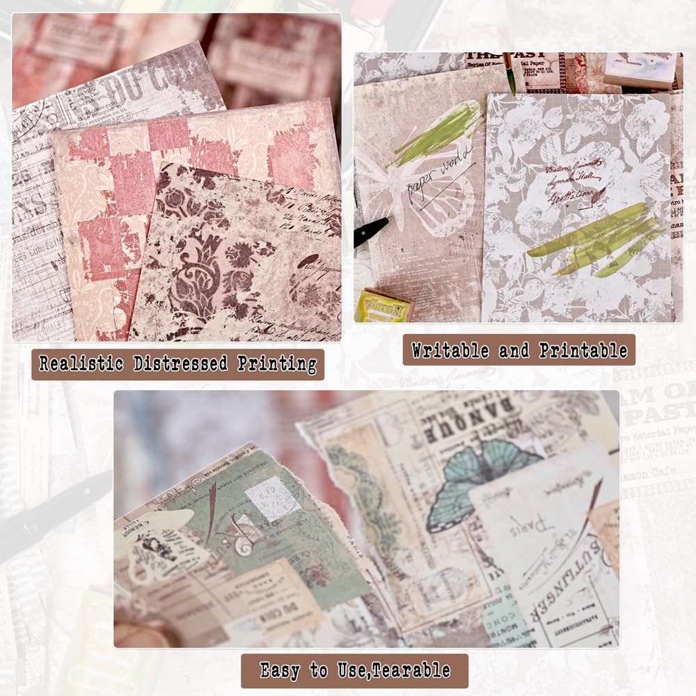 180 Sheets Vintage Scrapbook Paper, Journaling Scrapbooking Supplies, Antique Aged Looking Background Paper for Junk Journals Card Making Mixed Media Decoupage