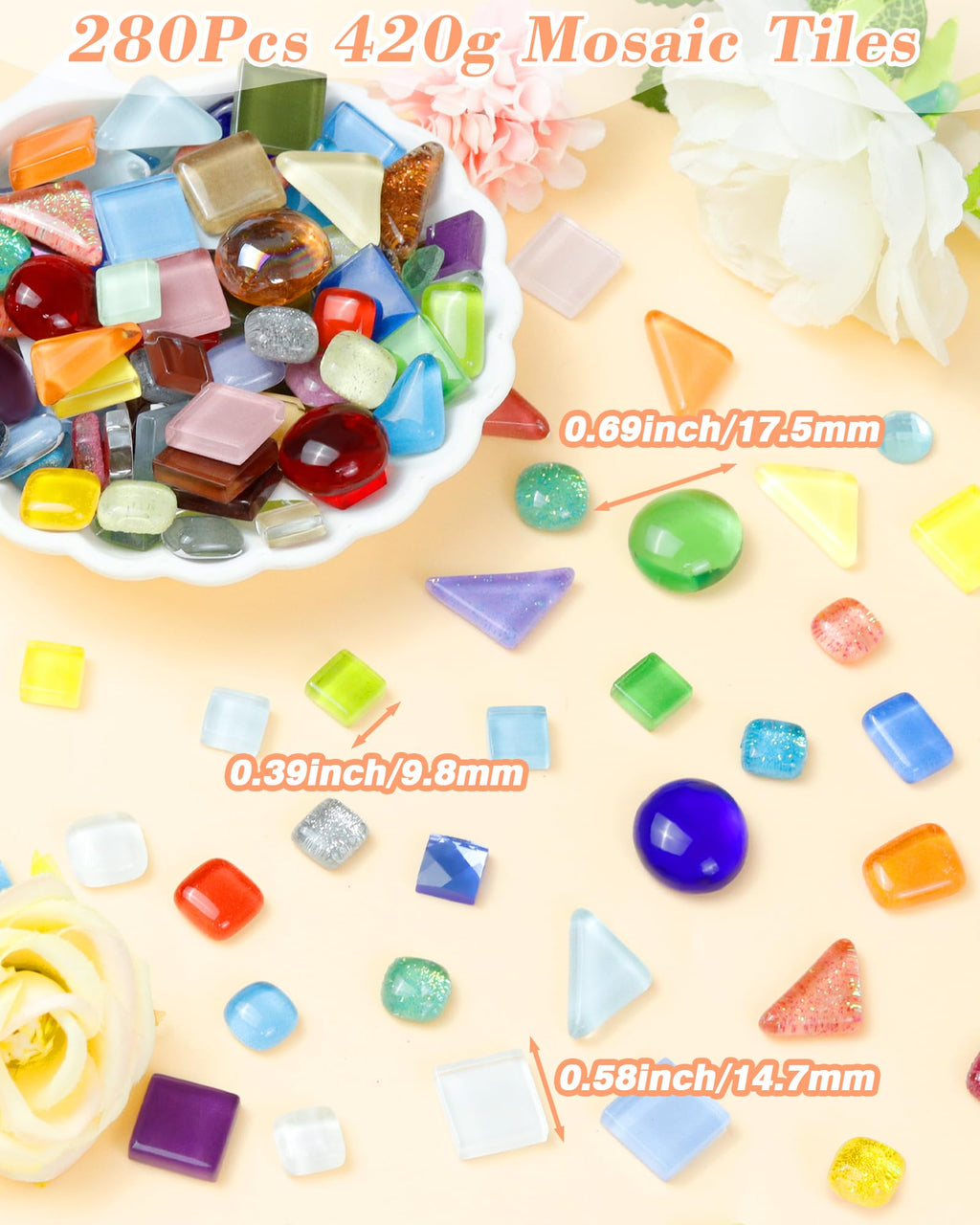FIVEIZERO 420g Mosaic Tiles, 280Pcs Glass Mosaic Kits for Crafts