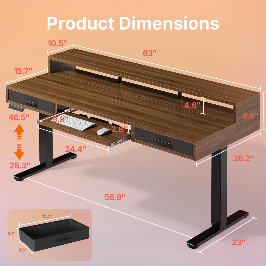 HUANUO 55″ x 26″ Electric Standing Desk with 2 Drawers &24.4″ Large Keyboard Tray, C-Clamp Mount Compatible, Adjustable Computer Desk for Office, Sit Stand Up Desk with 4 Height Presets, Light Walnut