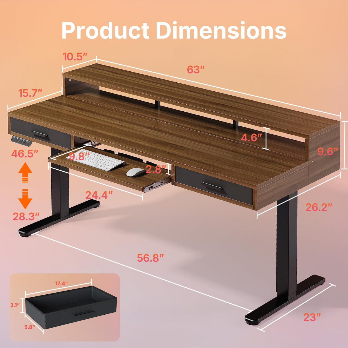 HUANUO 55″ x 26″ Electric Standing Desk with 2 Drawers &24.4″ Large Keyboard Tray, C-Clamp Mount Compatible, Adjustable Computer Desk for Office, Sit Stand Up Desk with 4 Height Presets, Light Walnut