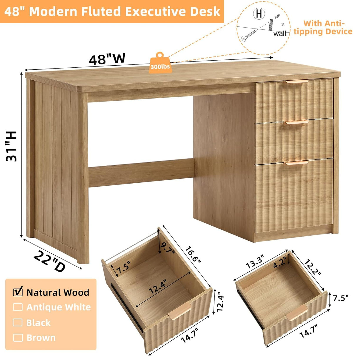 LEYAOYAO Office Desk 48" with 3 Drawers Storage File Cabinet