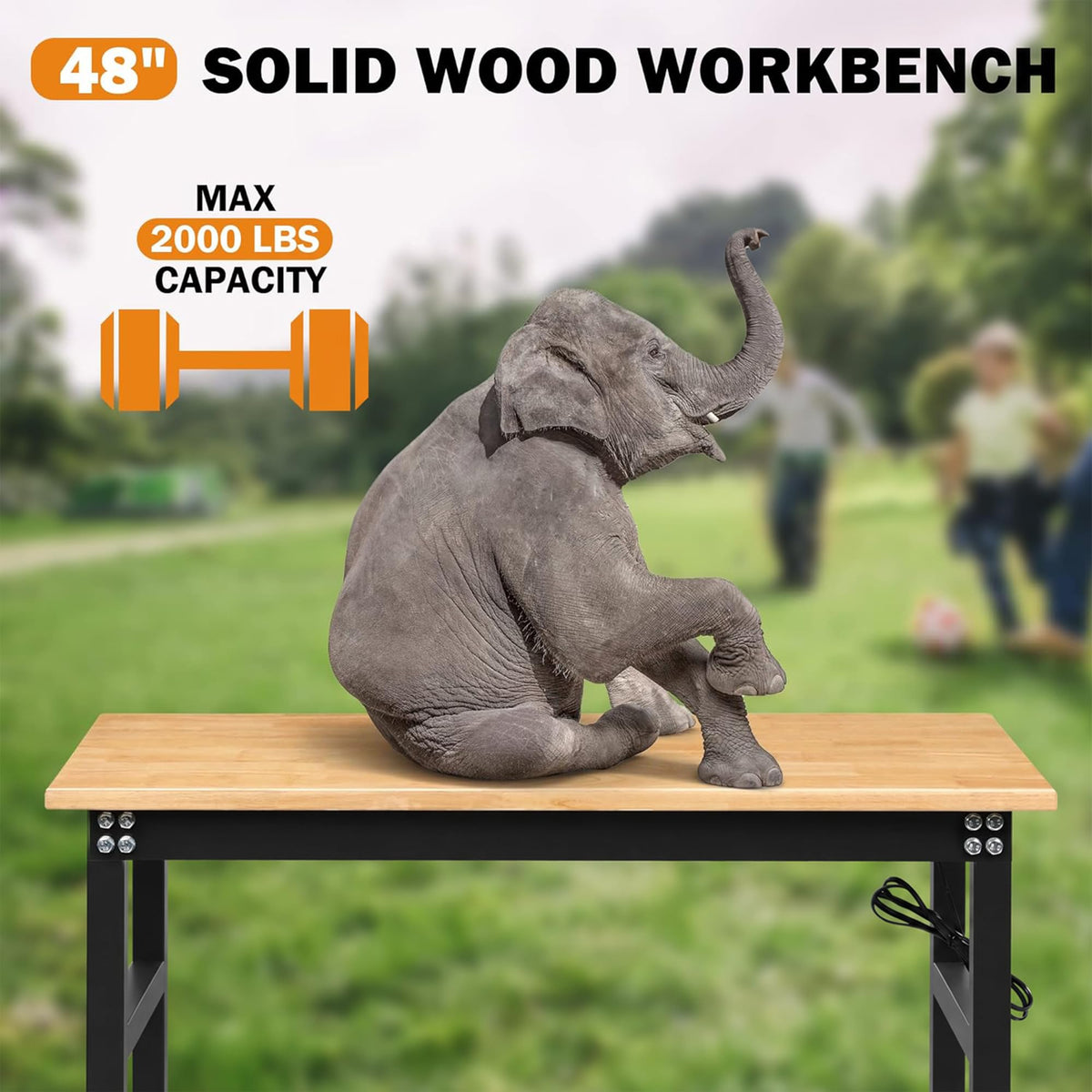 Betterhood 48" Heavy-Duty Adjustable Workbench for Garage, Rubber Wood Shop Table W/Metal Wheels, Hardwood Workstation Weight Capacity Over 2000 Lbs with Wheels