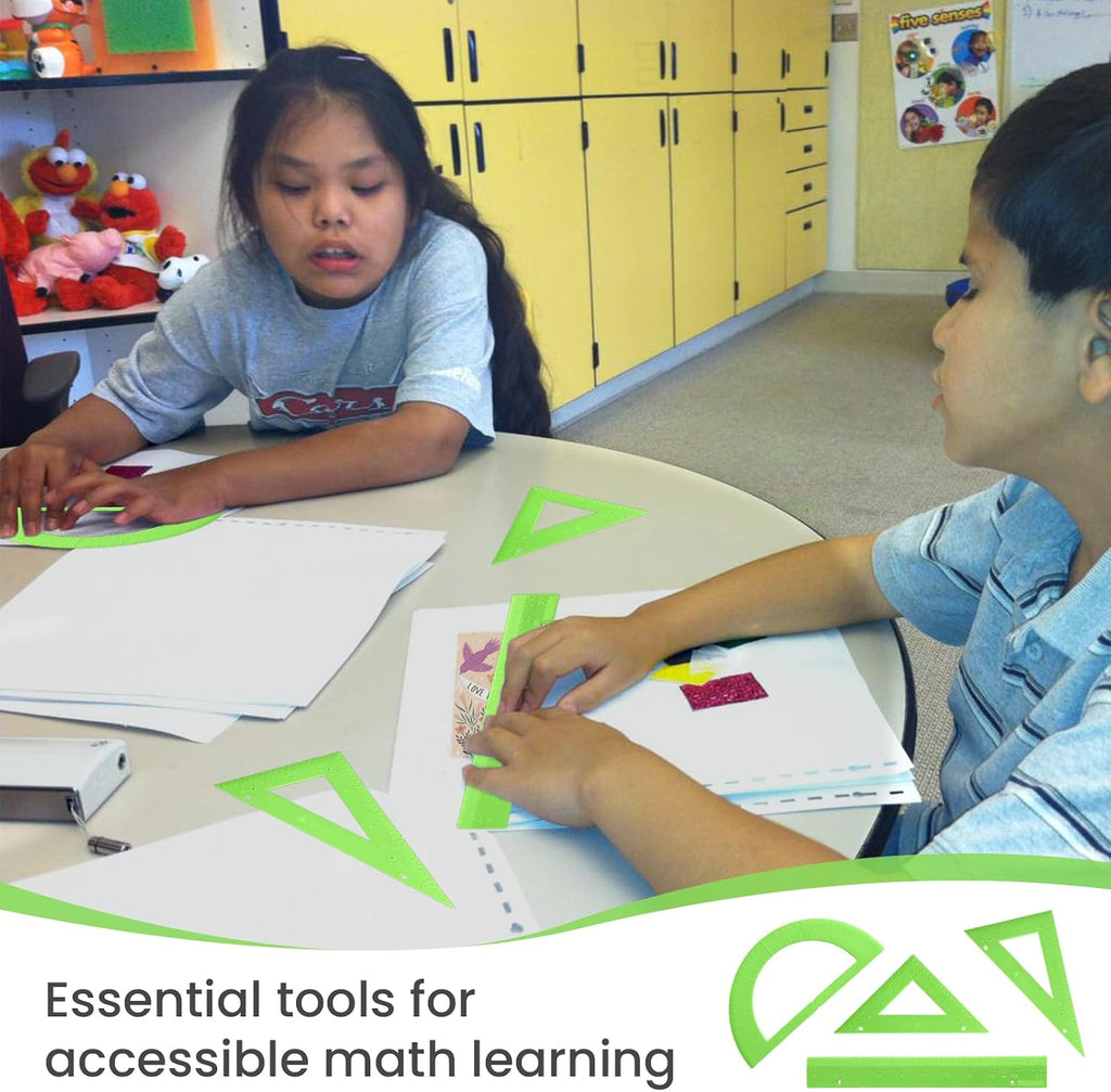 Tactile Braille Geometry Set for Blind & Visually Impaired Students, 6-Piece Math Tools Kit with Ruler, Protractor, 30°/60° Triangles for Special Education