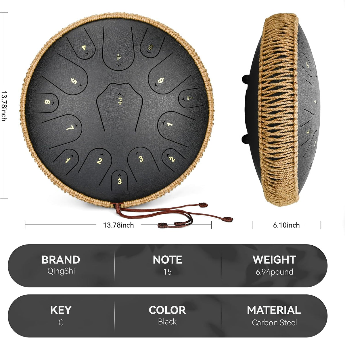 QingShi 14" Steel Tongue Drum — 15-Note C Major Hand Pan with Accessories