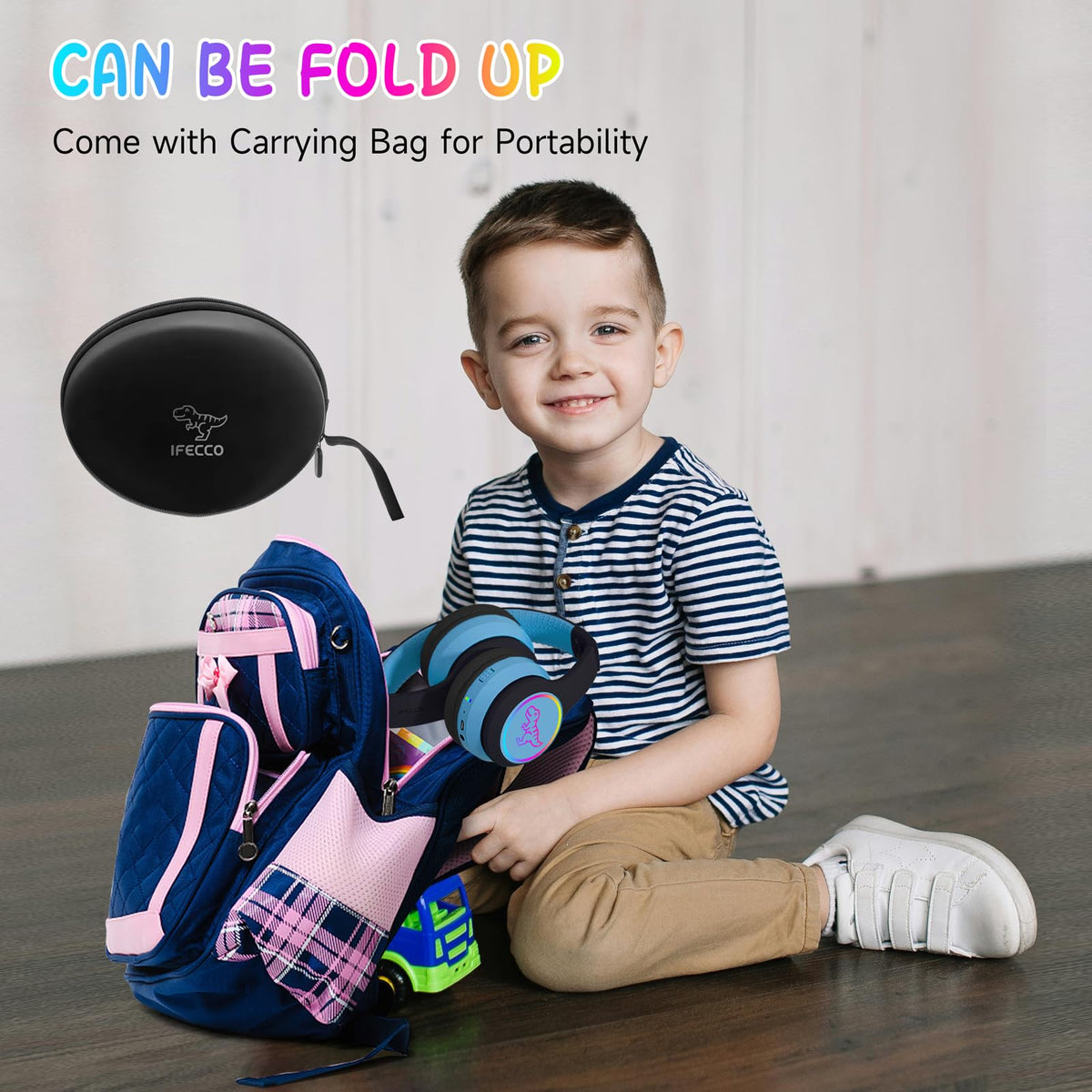 IFECCO Kids Bluetooth Headphones with Case,Cute LED Light Up Cat Ears