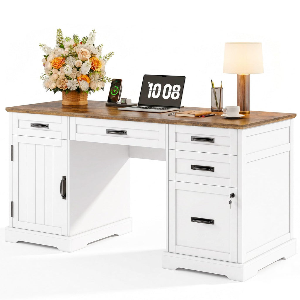 Whalefall: 55" Farmhouse Executive Desk with Drawers & Charging Station